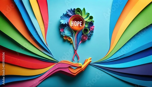 Colorful paper art design with hands rainbow and hope text abstract concept background