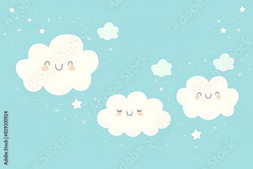 Minimalist design featuring smiling cloud shapes in a light blue sky with a few scattered stars