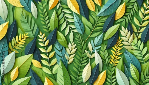 Colorful abstract paper art background with green yellow white leaves nature botanical design