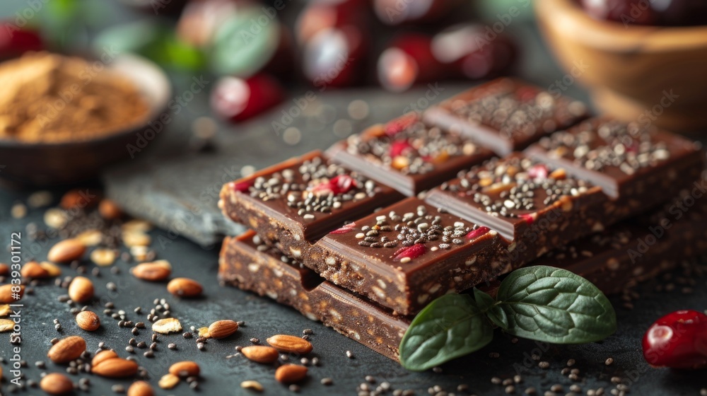 Superfood protein bars with dates, oats, peanut butter, chocolate, chia seeds and bee pollen Superfood protein bars with dates, oats, peanut butter, chocolate, chia seeds and bee pollen