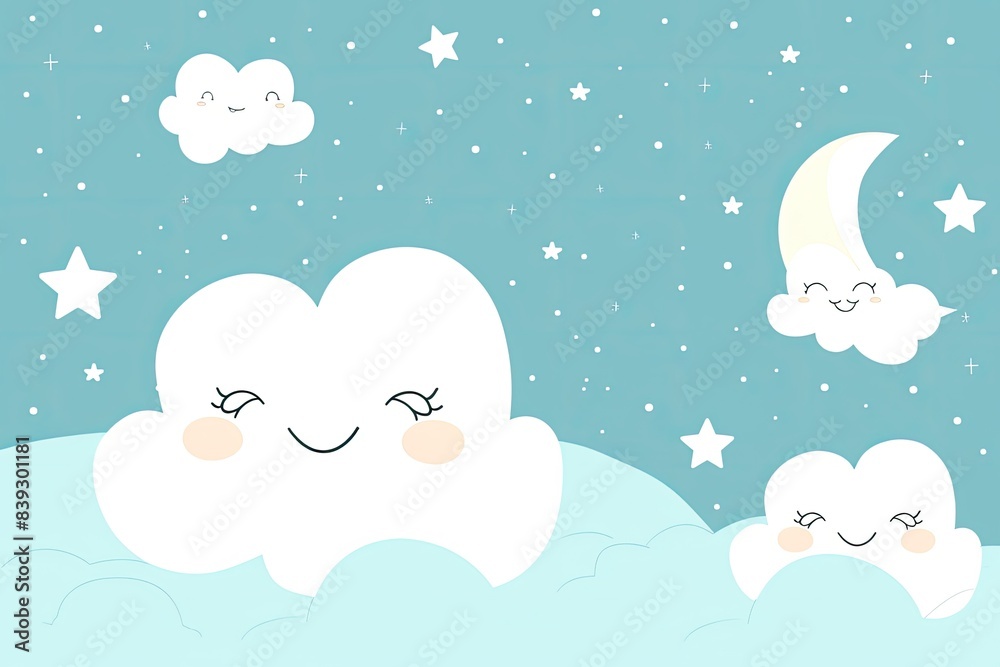 Minimalist design featuring smiling cloud shapes in a light blue sky with a few scattered stars Minimalist design featuring smiling cloud shapes in a light blue sky with a few scattered stars
