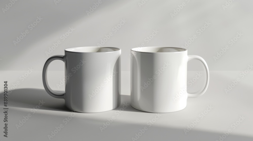 Two plain white mugs are casting shadows on a white tabletop Two plain white mugs are casting shadows on a white tabletop