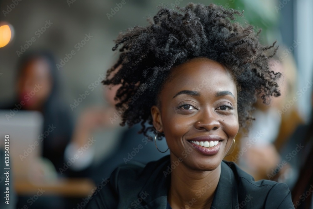 Cheerful woman, afro, restaurant, people Cheerful woman, afro, restaurant, people