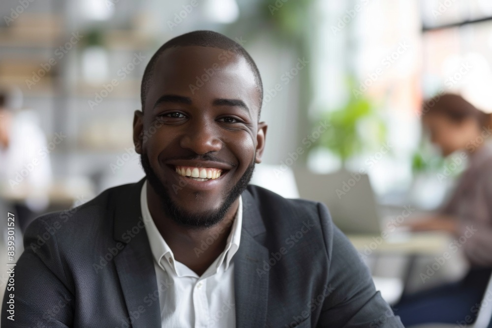 Man in suit smiling by laptop Man in suit smiling by laptop
