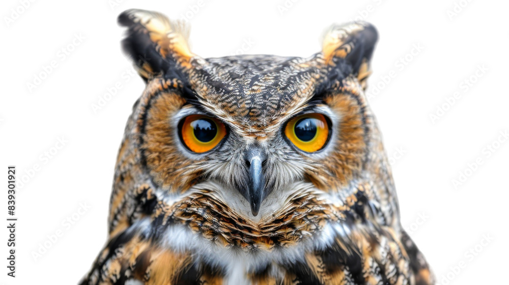 A close-up portrait of an owls head and eyes A close-up portrait of an owls head and eyes