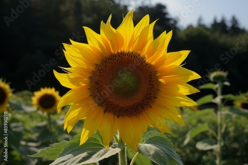 Single sunflower with bright yellow petals stands out in a field under a clear sky