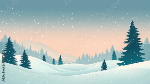 Snowy Winter Landscape with Pine Trees and Mountains