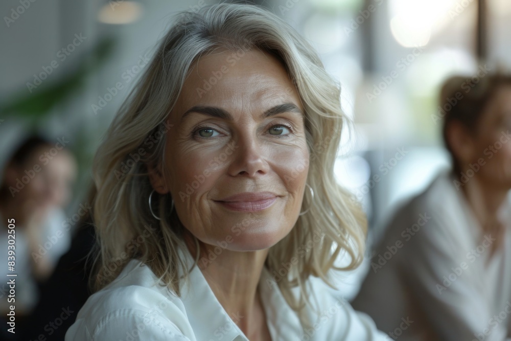 Woman blonde blue eyes white shirt sits among group ladies
