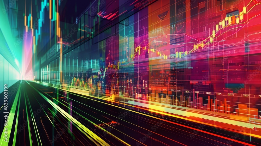 Fototapeta premium Dynamic Financial Growth Vibrant Chart Lines on Abstract Tech Background