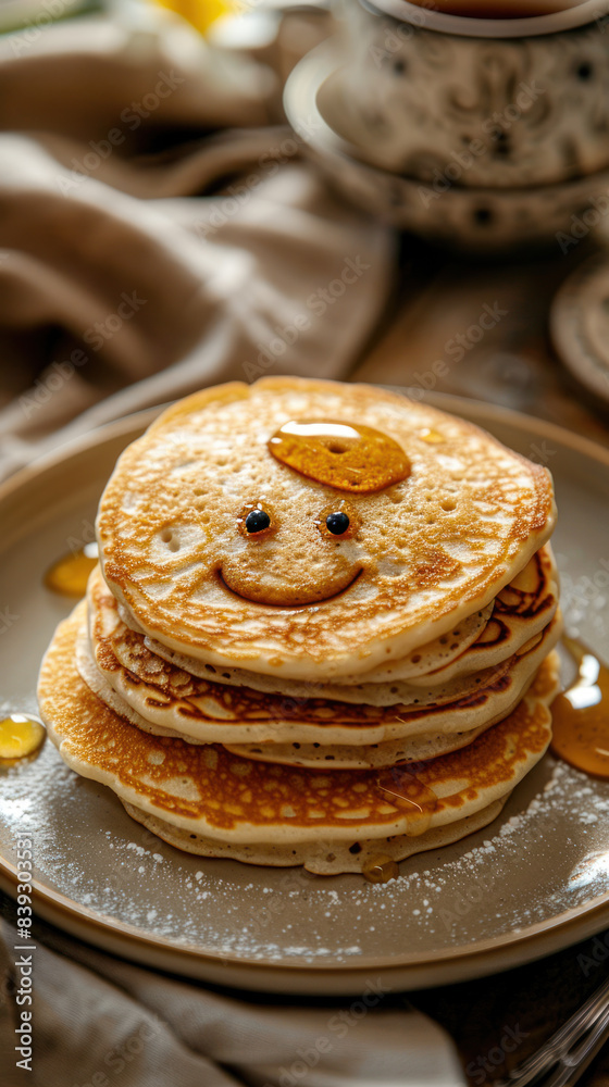 Breakfast pancakes smiling face with honey. Positive morning. Vertical orientation. Breakfast pancakes smiling face with honey. Positive morning. Vertical orientation.