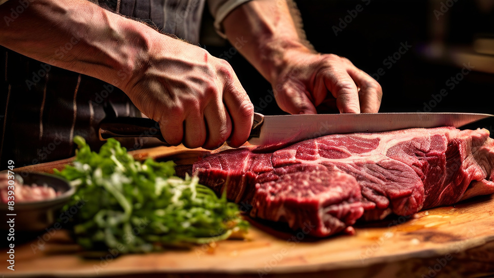 A butcher cuts raw meat on a wooden cutting board. Green leafy vegetables are also partially visible, indicating cooking.