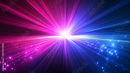  An energetic display of vibrant pink and purple light rays bursting outward from a central point.