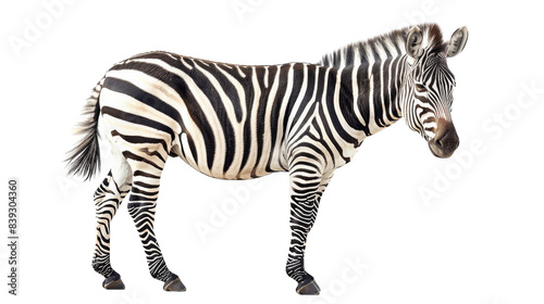 A single zebra standing on a white background