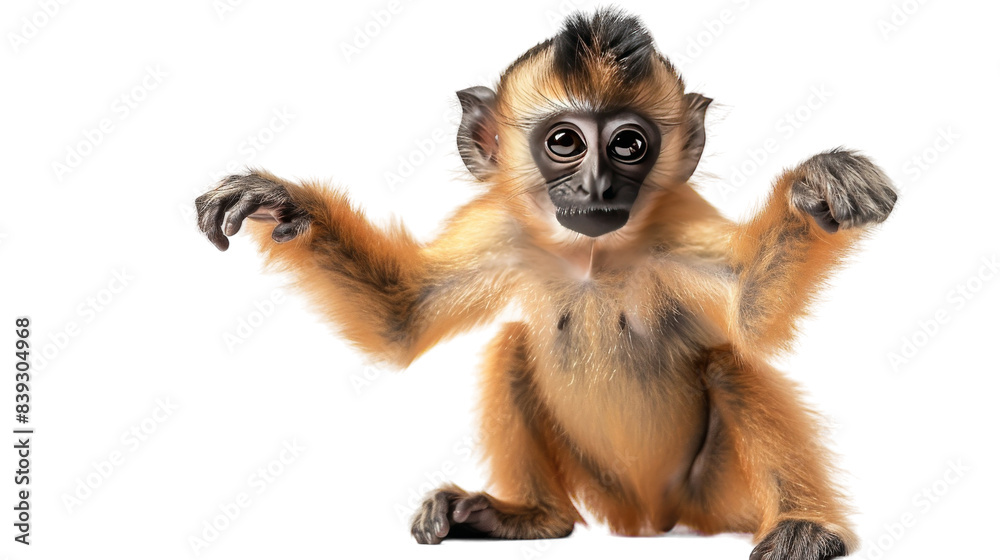 A small golden langur monkey sits with arms outstretched against a white background