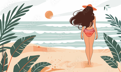 Woman strolling beach, tropical beach scene, long hair flowing, ocean waves, orange hat, red striped swimsuit, tropical plants. Female enjoys seaside, summer vacation vibe, calm waters, sandy shore