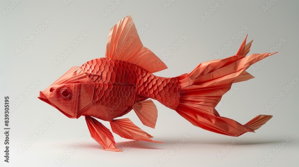 Red Fish Texture Red and gold fish origami, meticulously folded, against a plain white ...
