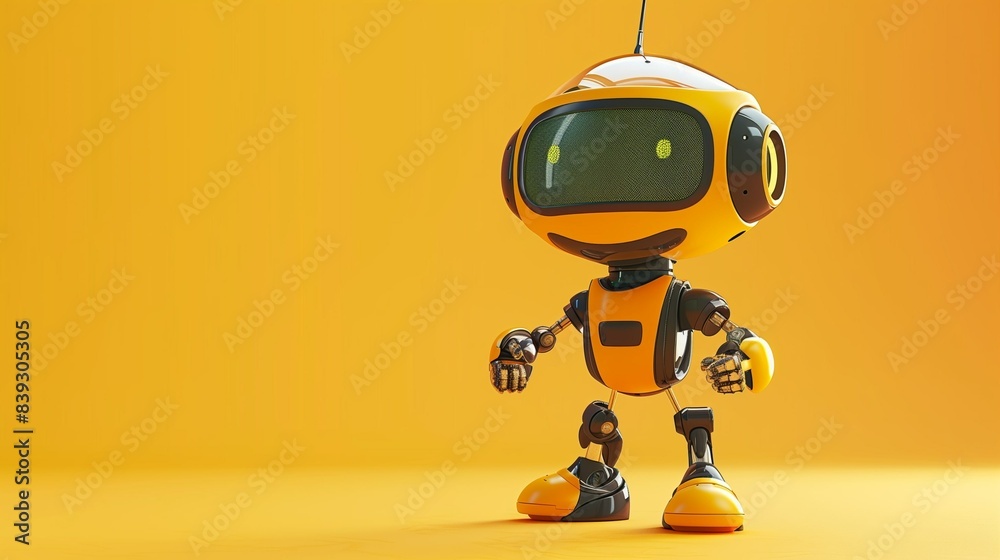 Robot development concept. Cute cartoon robot on a yellow background. Future technologies. Home assistant. Smart House. Business technology Robot development concept. Cute cartoon robot on a yellow background. Future technologies. Home assistant. Smart House. Business technology