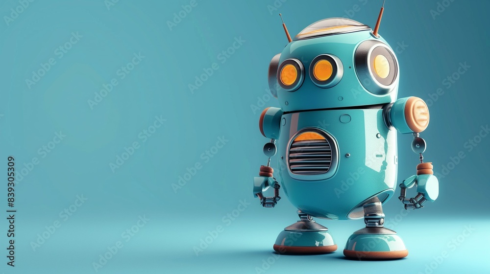 Robot development concept. Cute cartoon robot on a blue background. Future technologies. Home assistant. Smart House. Business technology Robot development concept. Cute cartoon robot on a blue background. Future technologies. Home assistant. Smart House. Business technology