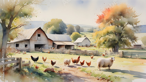 Watercolor illustration farm animals