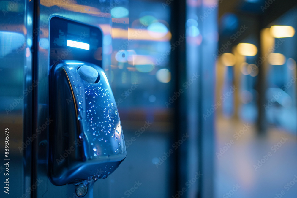 A close-up of a hand sanitizer dispenser in a public place A close-up of a hand sanitizer dispenser in a public place