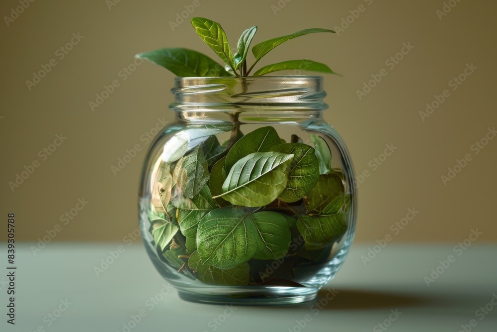 Plant in jar on table Plant in jar on table