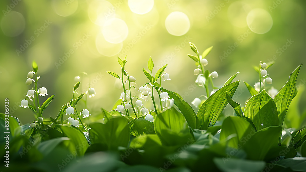 Blooming lilies of the valley in the green grass in the sunlight, background greeting card Blooming lilies of the valley in the green grass in the sunlight, background greeting card