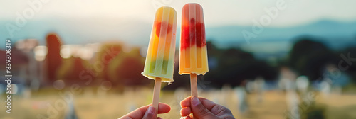 A summer setting with dry weather features two hands holding popsicle ice cream sticks of various flavors against a blurry background leaving ample copy space image 122 characters