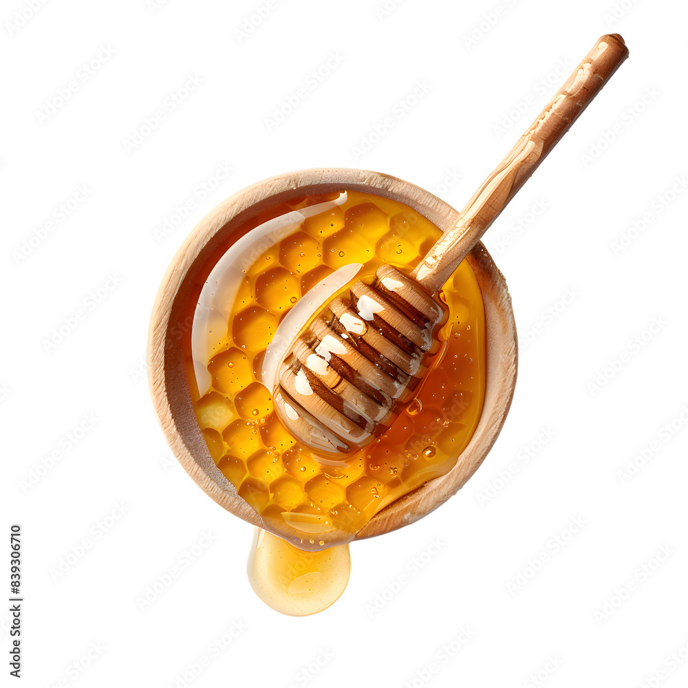 Wooden dipper stick with honey top view isolated on transparent background Wooden dipper stick with honey top view isolated on transparent background
