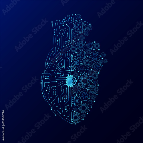 Gear engineering cogwheel and electronic circuit in form heart human. Innovation propulsion health care medical technology futuristic.  Mechanical digital organ on dark blue background. Vector EPS10.