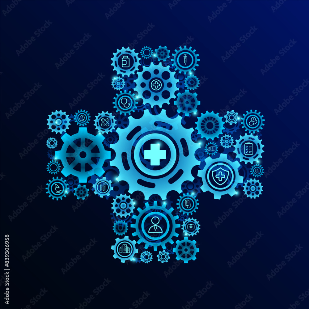 Cross symbol in Gear engineering and science medical icons. Innovation propulsion health care digital technology futuristic. On dark blue background. Vector illustration. Cross symbol in Gear engineering and science medical icons. Innovation propulsion health care digital technology futuristic. On dark blue background. Vector illustration.