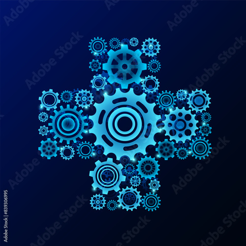 Gear engineering in form cross symbol. Innovation propulsion health care medical digital technology futuristic. On dark blue background. Vector illustration.