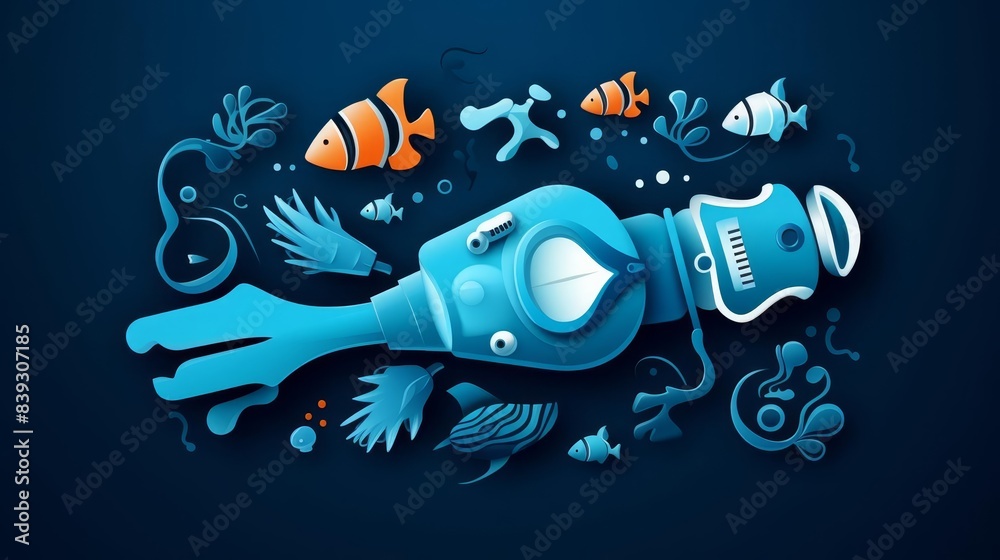 Fototapeta premium Vibrant snorkeling flat design top view summer underwater theme cartoon drawing Triadic color scheme