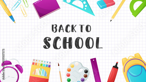 Back to school banner, background concept with school supplies. Education elements frame.