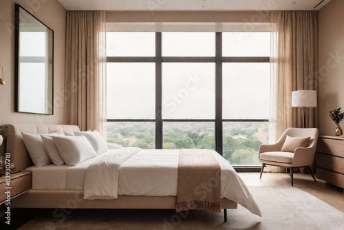 A sleek  bright  contemporary bedroom in a beige color theme with a comfortable bed  bedside tables  and large windows allowing natural light to flood in.