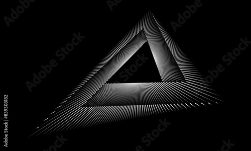 Triangle with lines, perspective view. White triangle over black background. Can be used as logo, icon, tattoo. Optical illusion effect.