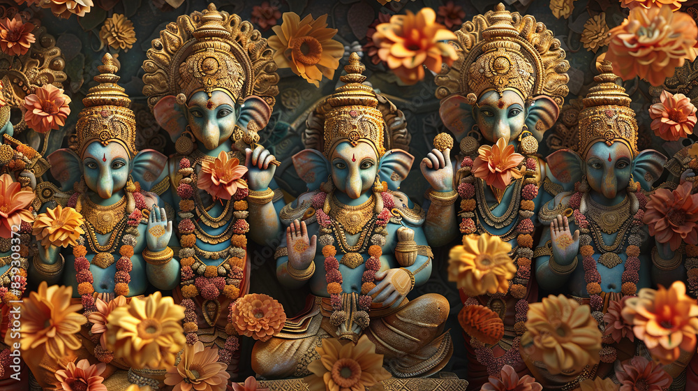 Fototapeta premium Seamless background with artistic patterns of Indian gods and flowers.