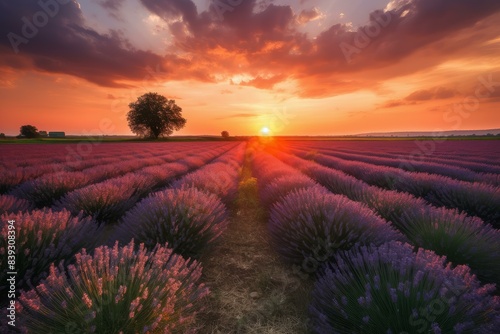 Radiant Sunset over lavender field scenery. Row agriculture scented bloom herbal. Generate Ai © juliars