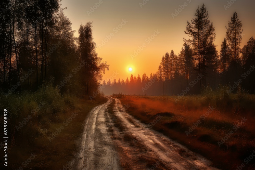 Peaceful sunset casting warm light on a winding dirt road through a forest