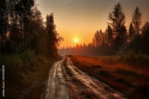 Peaceful sunset casting warm light on a winding dirt road through a forest