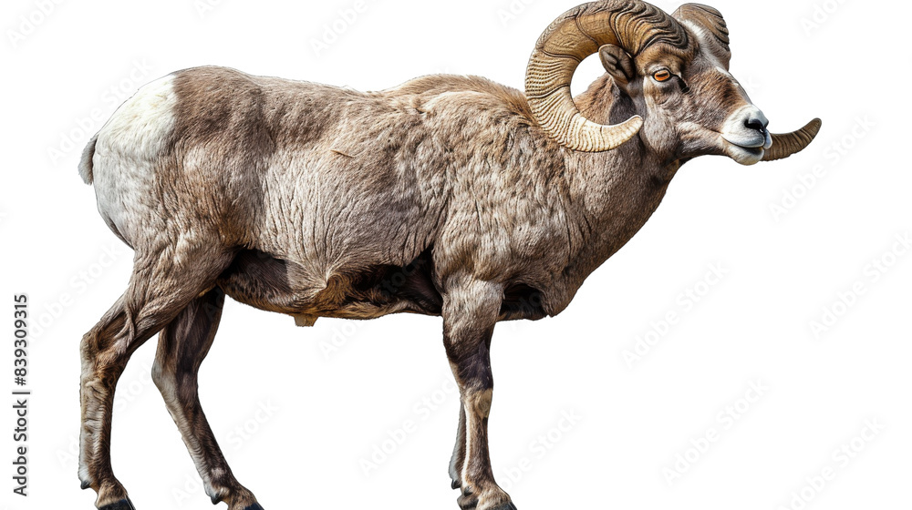 A large brown bighorn sheep ram stands on a white background A large brown bighorn sheep ram stands on a white background