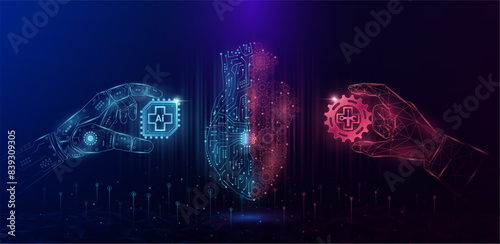 Mechanical digital heart organ. Gear with electronic circuit. Doctor robot holding cogwheel chip AI. Collaboration cyborg and medical personnel. Innovation health care technology futuristic. Vector.
