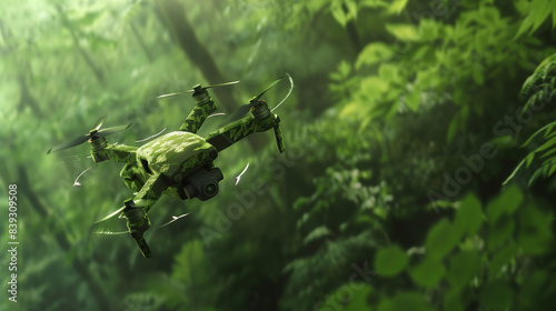 A drone in a camouflage pattern hovering in a dense green forest, with blurry leaves in the background.