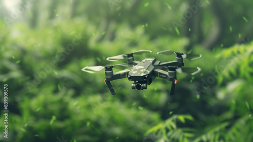 A drone in a camouflage pattern hovering in a dense green forest, with blurry leaves in the background.