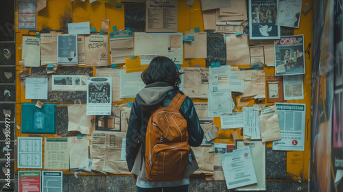 A person with a backpack stands in front of a bulletin board filled with various posters, advertisements and papers.