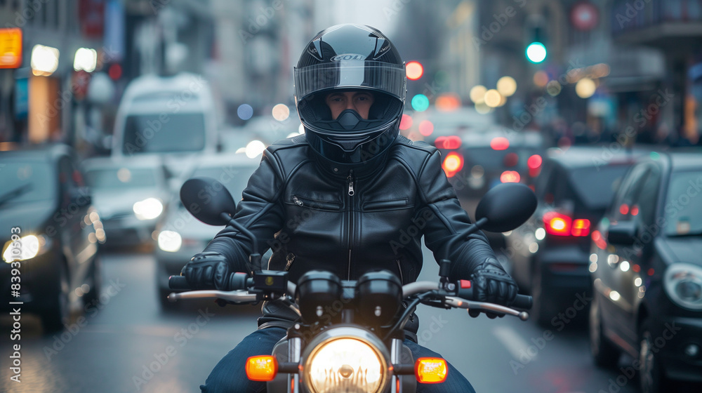 Motorcyclist riding through heavy traffic on a crowded city street, wearing protective equipment including a helmet and jacket. This view highlights the dynamics of urban life. Motorcyclist riding through heavy traffic on a crowded city street, wearing protective equipment including a helmet and jacket. This view highlights the dynamics of urban life.