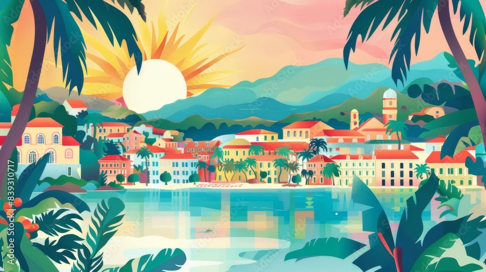 Obraz premium Sunset Over Tropical Town