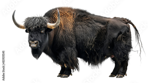 A black yak with long, shaggy fur and horns stands on a white background