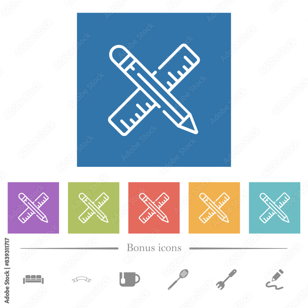 Pencil and ruler outline flat white icons in square backgrounds Pencil and ruler outline flat white icons in square backgrounds