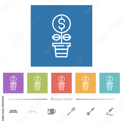 Money plant outline flat white icons in square backgrounds