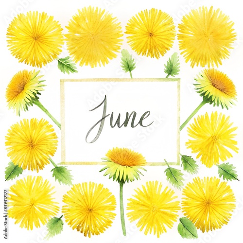 summer june text on the center of the frame of taraxacum or daisy